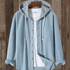 Blue Corduroy Hoodie Button Down Hooded Shirt Premium Drawstring Shirt Jacket